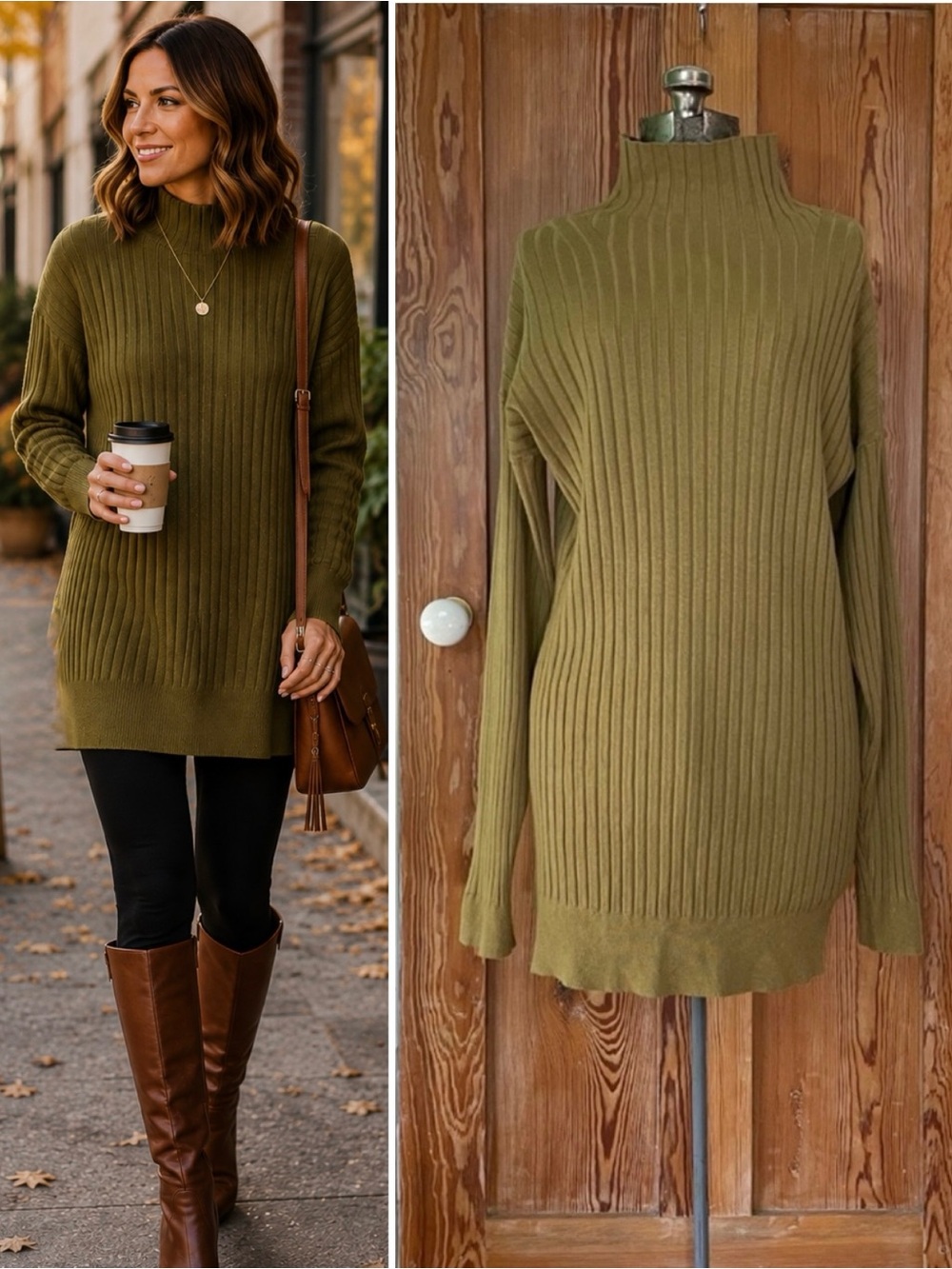 Karlie Olive Green Ribbed Mock Neck Longline Tunic Sweater Sz M💛🎀